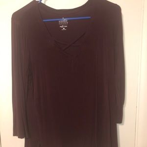 Long sleeve burgundy top with criss-cross front